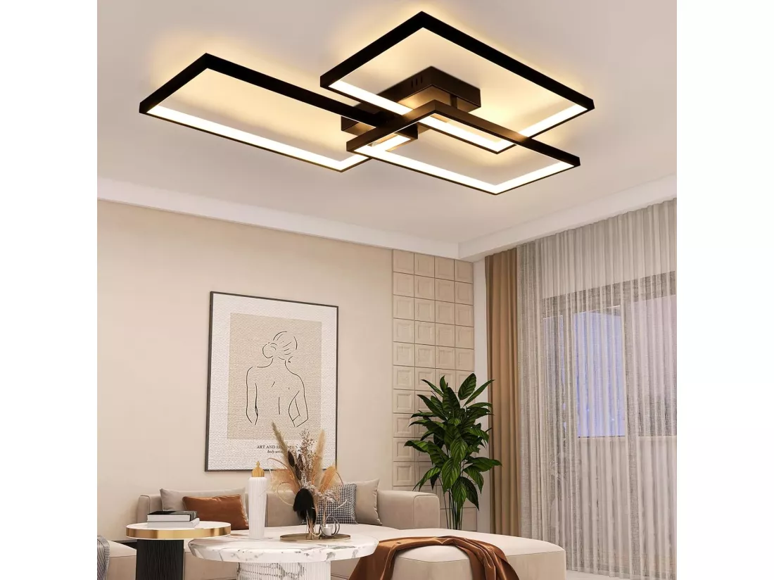 NETTLIFE Plafonnier LED Métal Noir 72W 80CM Salon Lampe de Salon Moderne Dimmable avec Télécommande Design Rectangulaire pour Cuisines