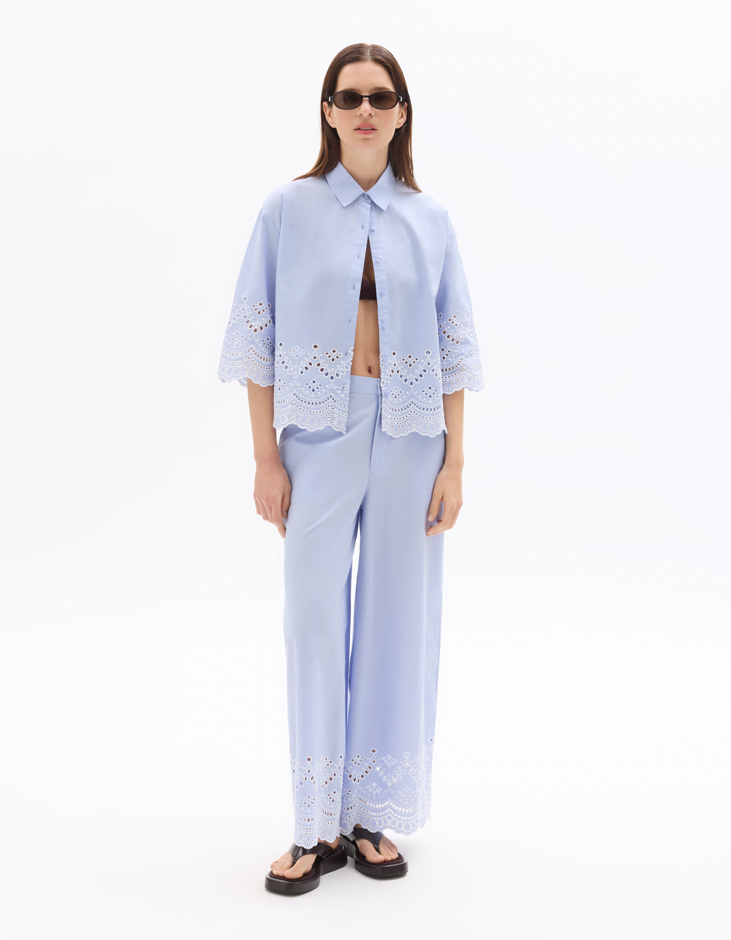Chemise en popeline 100% coton en broderie anglaise - bleu lavande