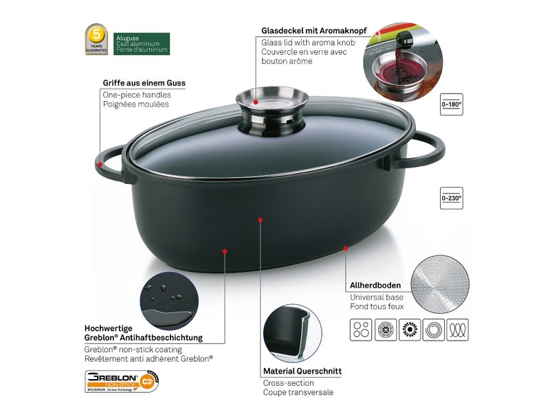 Kela Bräter Kerros mit Deckel 45 x 28 cm, 8 l Ovaler Aromabräter aus Aluguss