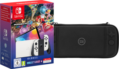 Nintendo Switch OLED Blauw/Rood + Mario Kart + 12 maanden Nintendo Online + Beschermhoes