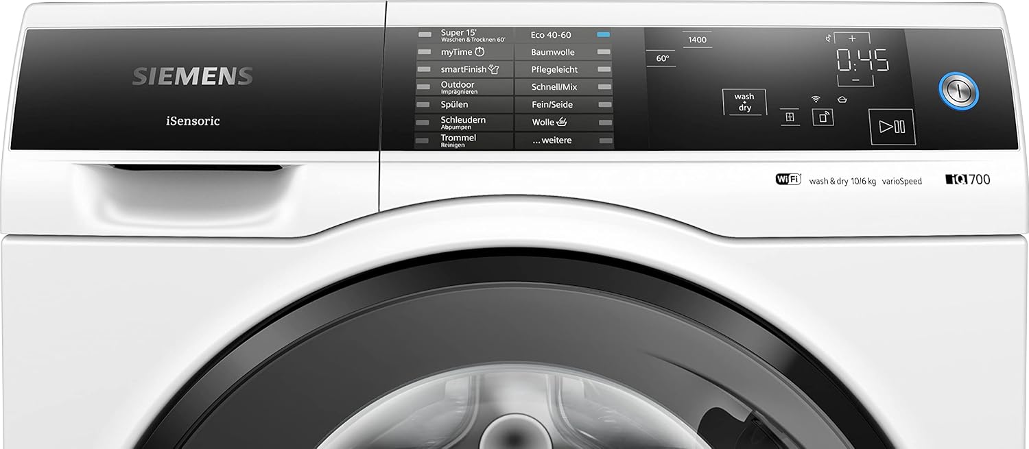 Siemens WD14U513 Waschtrockner iQ700, Frontlader mit 10/6kg Fassungsvermögen, 1400 UpM, HomeConnect, smartFinish, autoDry, speedPack XL, Weiß, 60cm