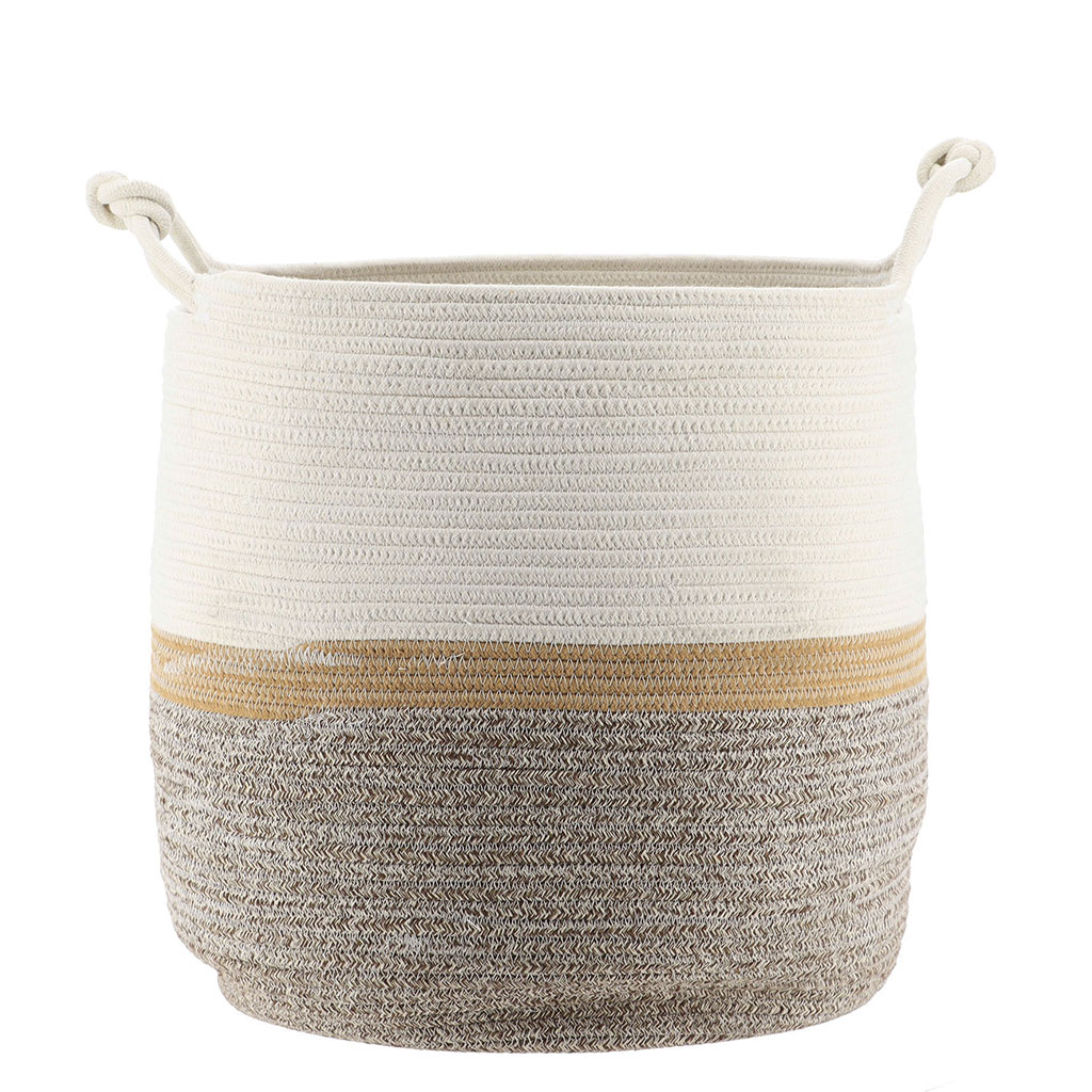 Panier à linge avec anses roseau tressé et coton gris et blanc 42x40cm