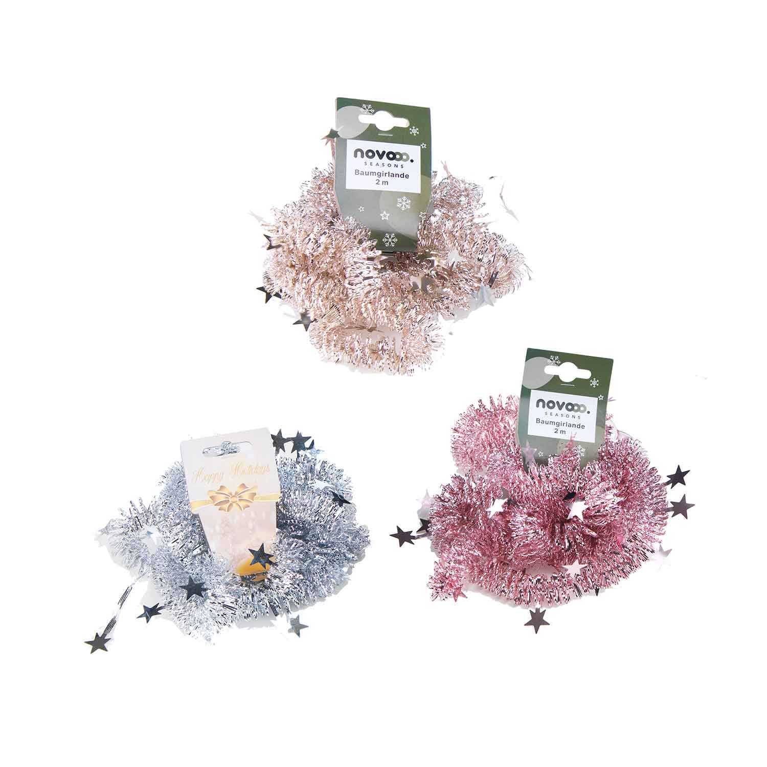 novooo Baumgirlande aus Lametta mit Sternen 2 m in 3 modernen Pastellfarben