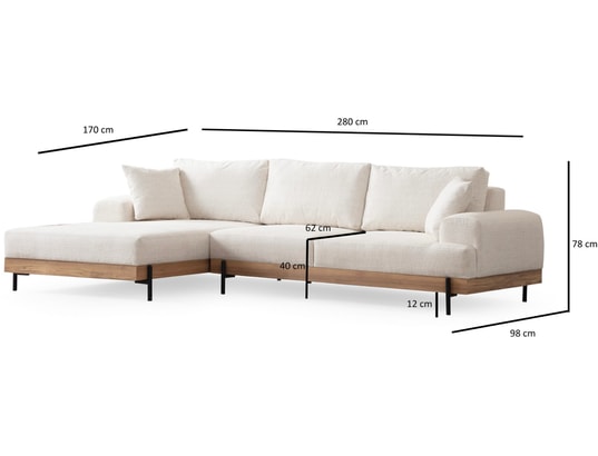 CONCEPT1 - Canapé tissu Eti chêne angle gauche blanc 280 x 98 x h78