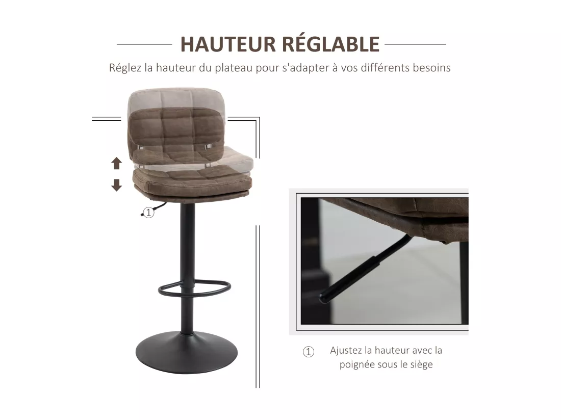 Lot de 2 tabourets de bar Vintage capitonné - pivotant, réglable - repose-pied - revêtement synthétique marron effet vieilli