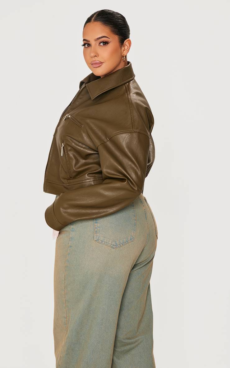 Kaki Veste De Motard Minimaliste Grande Taille En Synthétiquecuir Texturé Vert Sauge Avec Fermeture Éclair