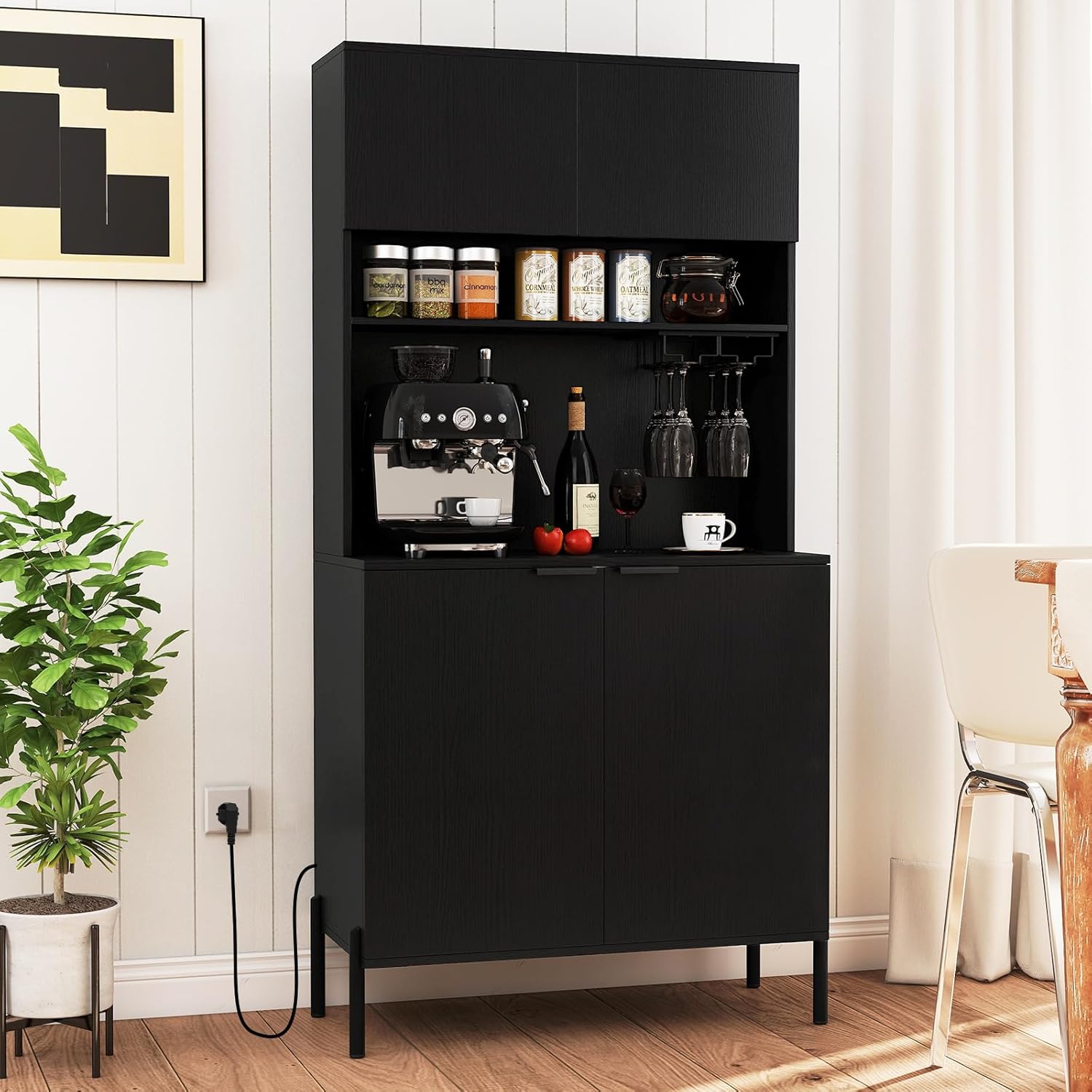 COSTWAY Küchenschrank Holz, Buffetschrank mit Ladestation, Hochschrank mit Türen, Weinglashalter & Arbeitsplatte, Vorratsschrank Aufbewahrungsschrank, für Küche Esszimmer, 80x40x164 cm, Schwarz
