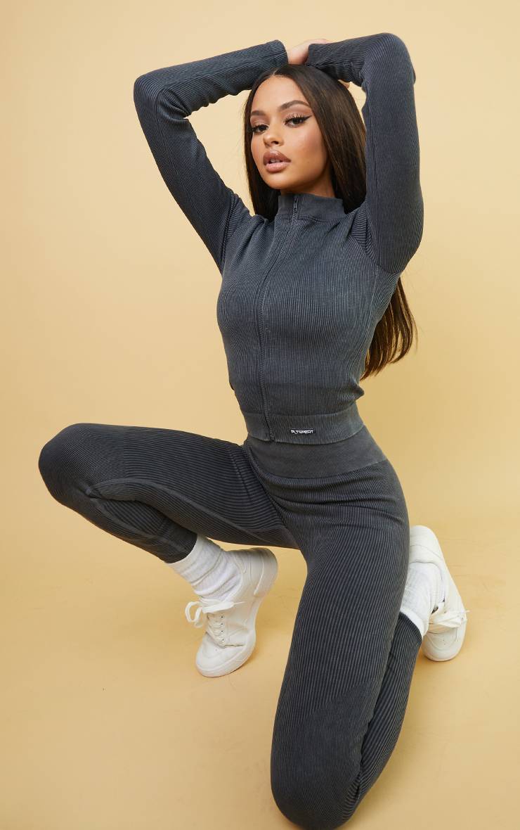 Charbon Veste De Sport Courte Côtelée Sans Couture À Fermeture Éclair Effet Délavé Acide