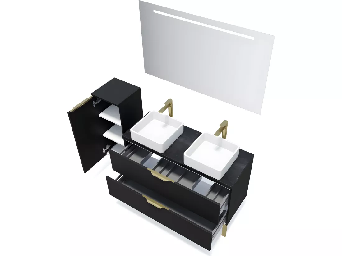 Meuble de salle de bain suspendu 2 vasques à poser 120cm 2 tiroirs Noir - Venice