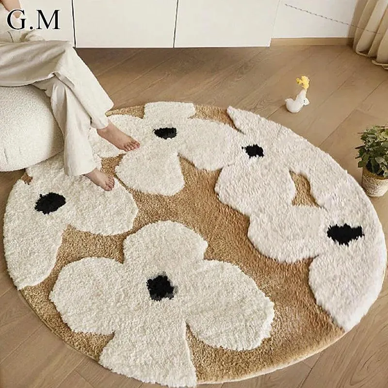 Nordic style Floral Flocked Round Rug | Fluffy Area Bedroom Bedside Anti-Slip Carpet
