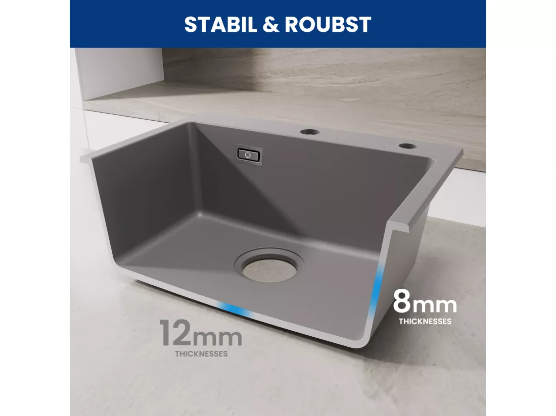 Cecipa max Evier 1 Bac Gris 50x45cm Evier de Cuisine en Quartz et Résine Evier à Encastrer 1 cuve + 300ML Distributeur de Savon Brossé