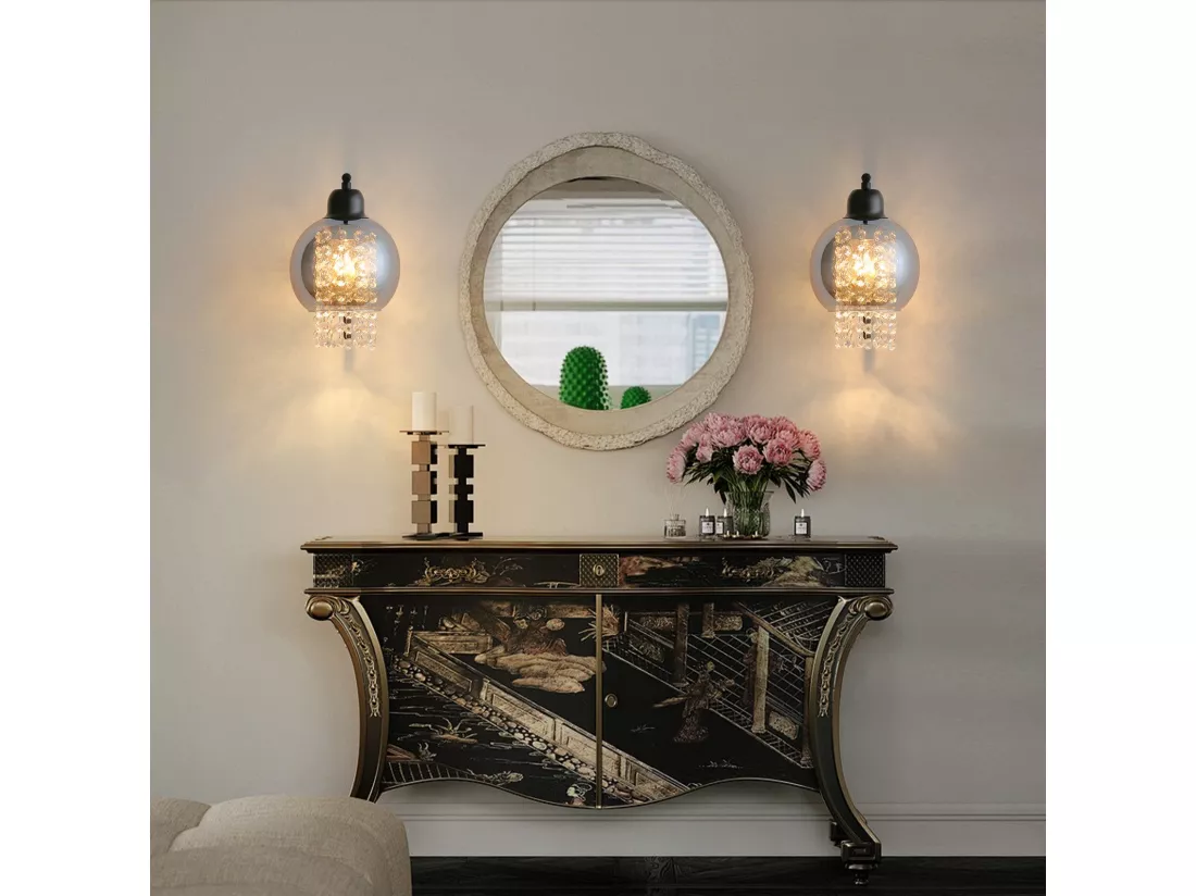 NETTLIFE Applique murale en verre gris fumé avec boule en cristal E27 pour chambre à coucher, lampe d'intérieur moderne pour couloir