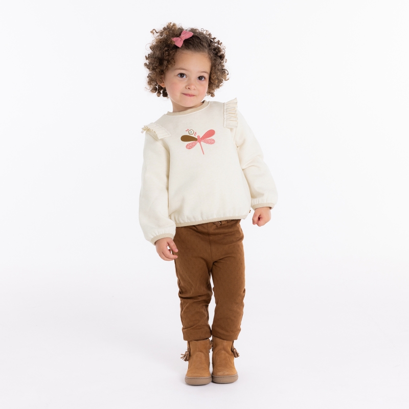 Sweat libellule brodée en molleton beige bébé fille