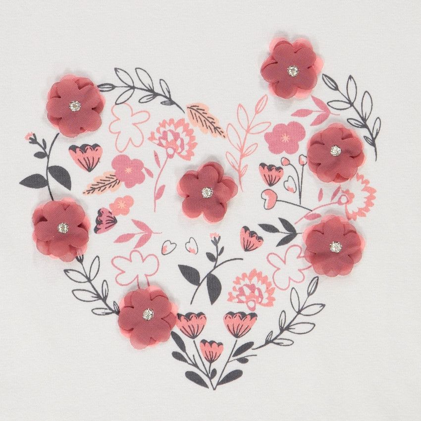 T-shirt manches courtes avec pétales 3D pour fille - Ecru