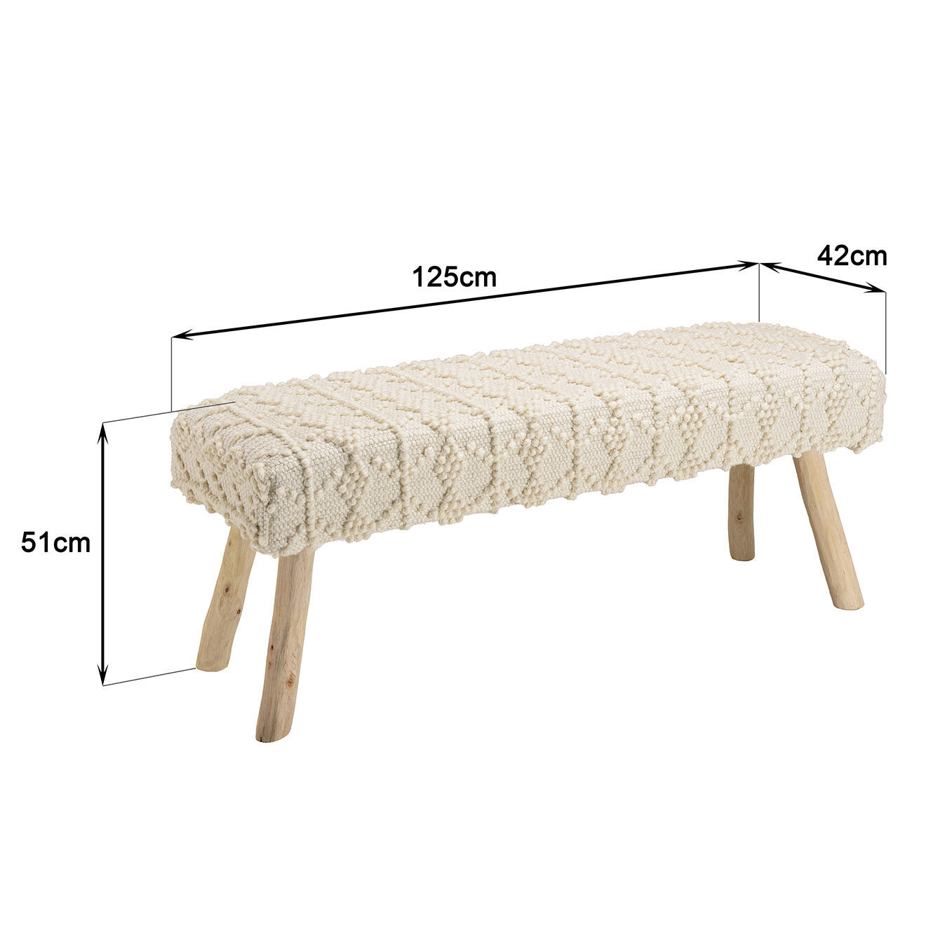 Macabane Banc en Laine motifs losanges Sacha ivoire - 125x42x51 cm