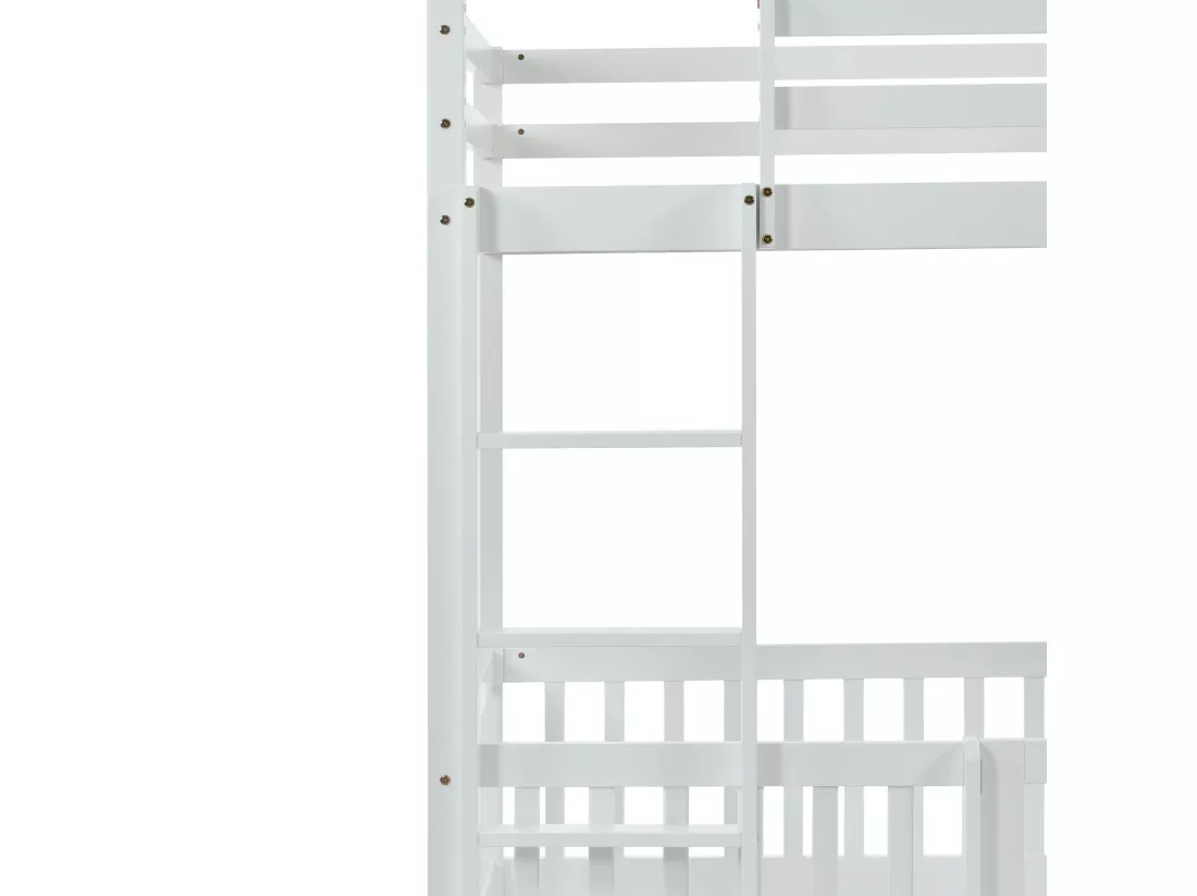 Lit superposé en bois massif - 90x200 cm - avec barrières de sécurité - Blanc