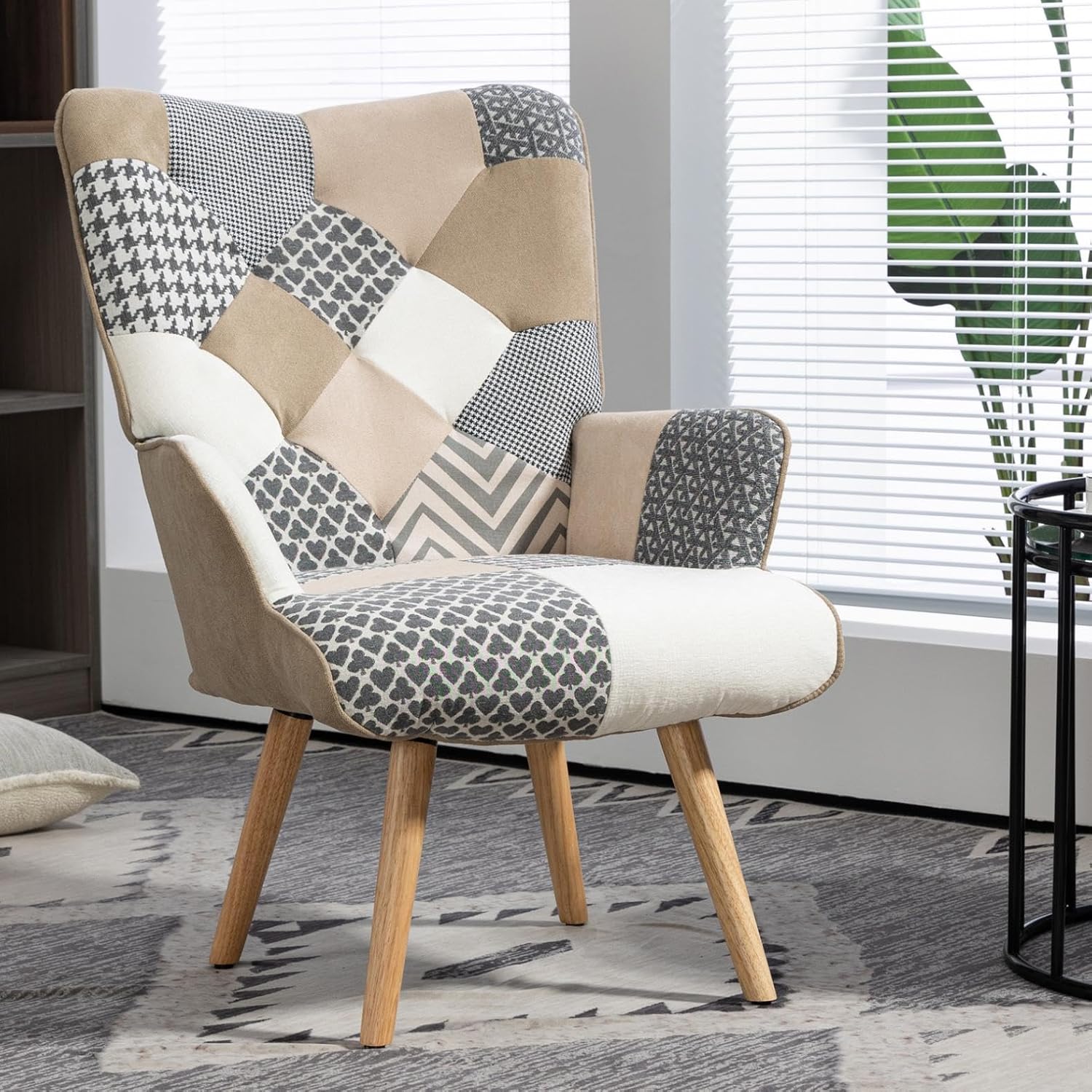 Patchwork Sessel Relaxsessel Leinen Loungesessel mit Massivholzfüße Ohrensessel für Wohnzimmer, Schlafzimmer, Leseecke, Grau