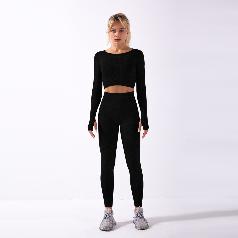 (Gr. L) Elastisches Sport Crop Top Bauchfreies Langarm Shirt Yoga Oberteil - Schwarz
