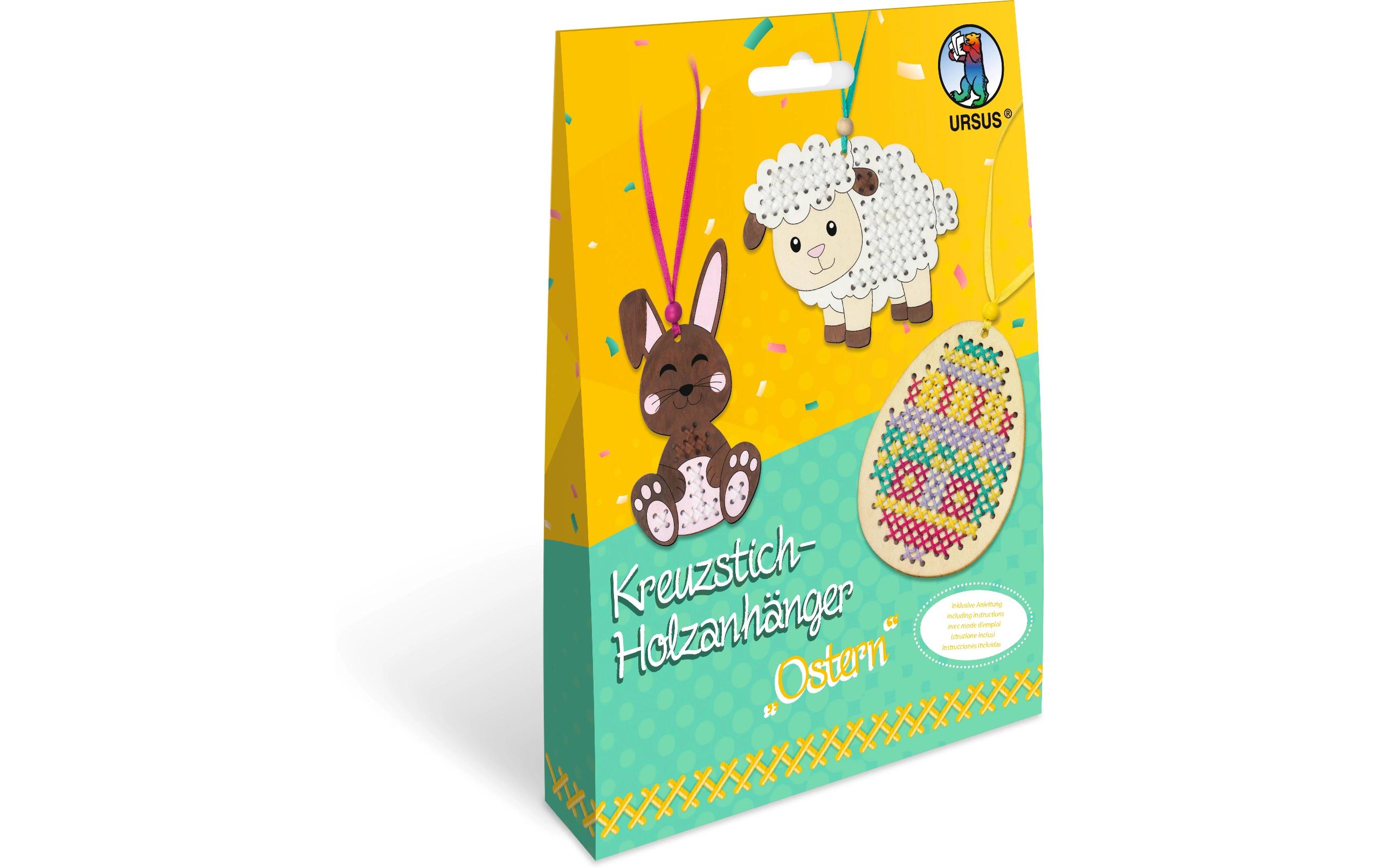Bastelset Kreuzstich-Holzanhänger Ostern 3 Stück, MehrfarbigSet mit Materialien zum Basteln von drei Holzanhängern