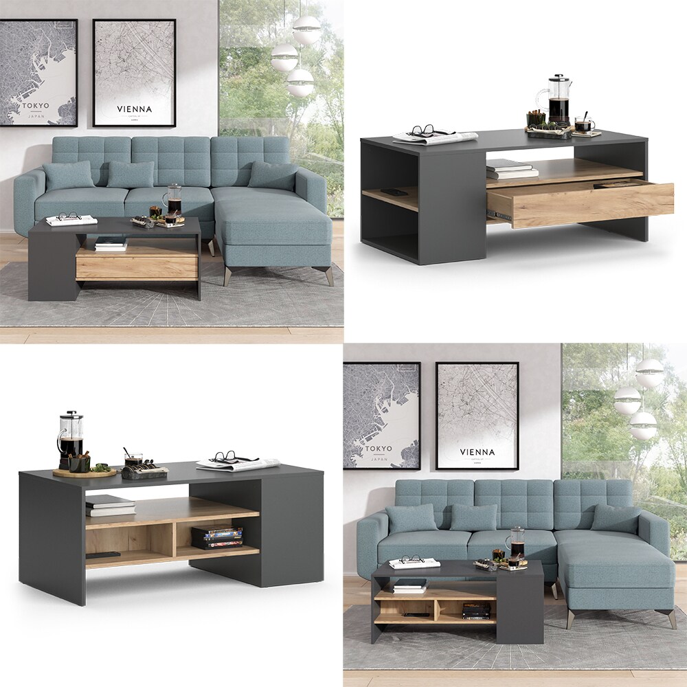 Vicco Couchtisch Sofatisch Kaffeetisch Fabien Eiche Anthrazit Wohnzimmer Tisch 110x45 cm modern Ablage Fach Schublade Beistelltisch Stubentisch