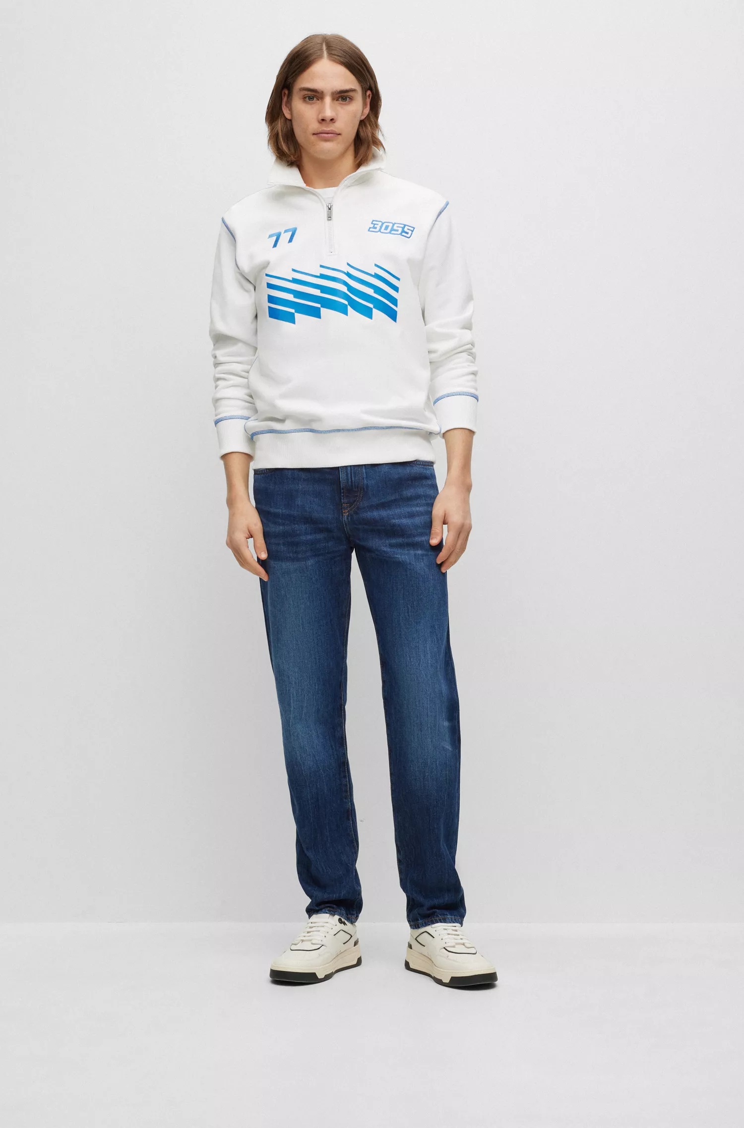 Calça jeans BOSS laranja, corte regular, em denim rígido índigo com lavagem média.