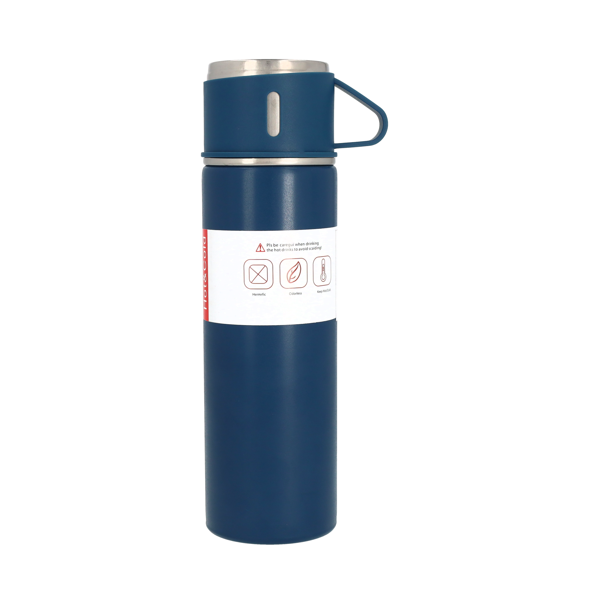 (4-tlg. Set) 500ml Edelstahl Thermo Trinkflasche Doppelwandige Camping Iso Kanne inkl. 3 Becher - Blau