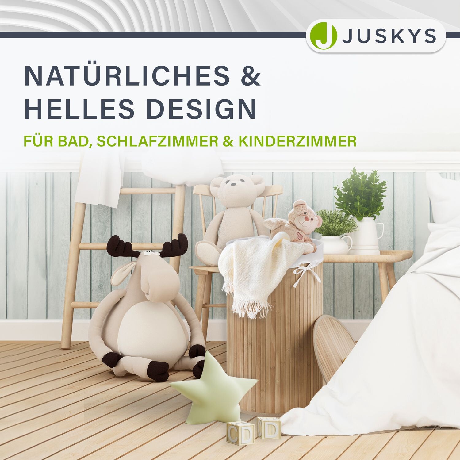 Juskys Bambus Wäschekorb Curly-Round 55 Liter Wäschesammler mit Deckel, Griff & Wäschesack – Natur