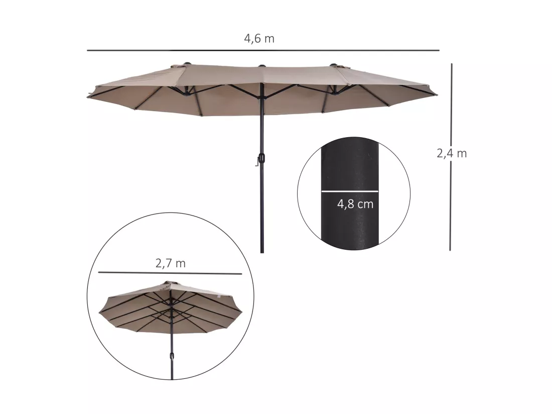 Parasol de jardin XXL parasol grande taille 4,6L x 2,7l x 2,4H m ouverture fermeture manivelle acier polyester haute densité marron