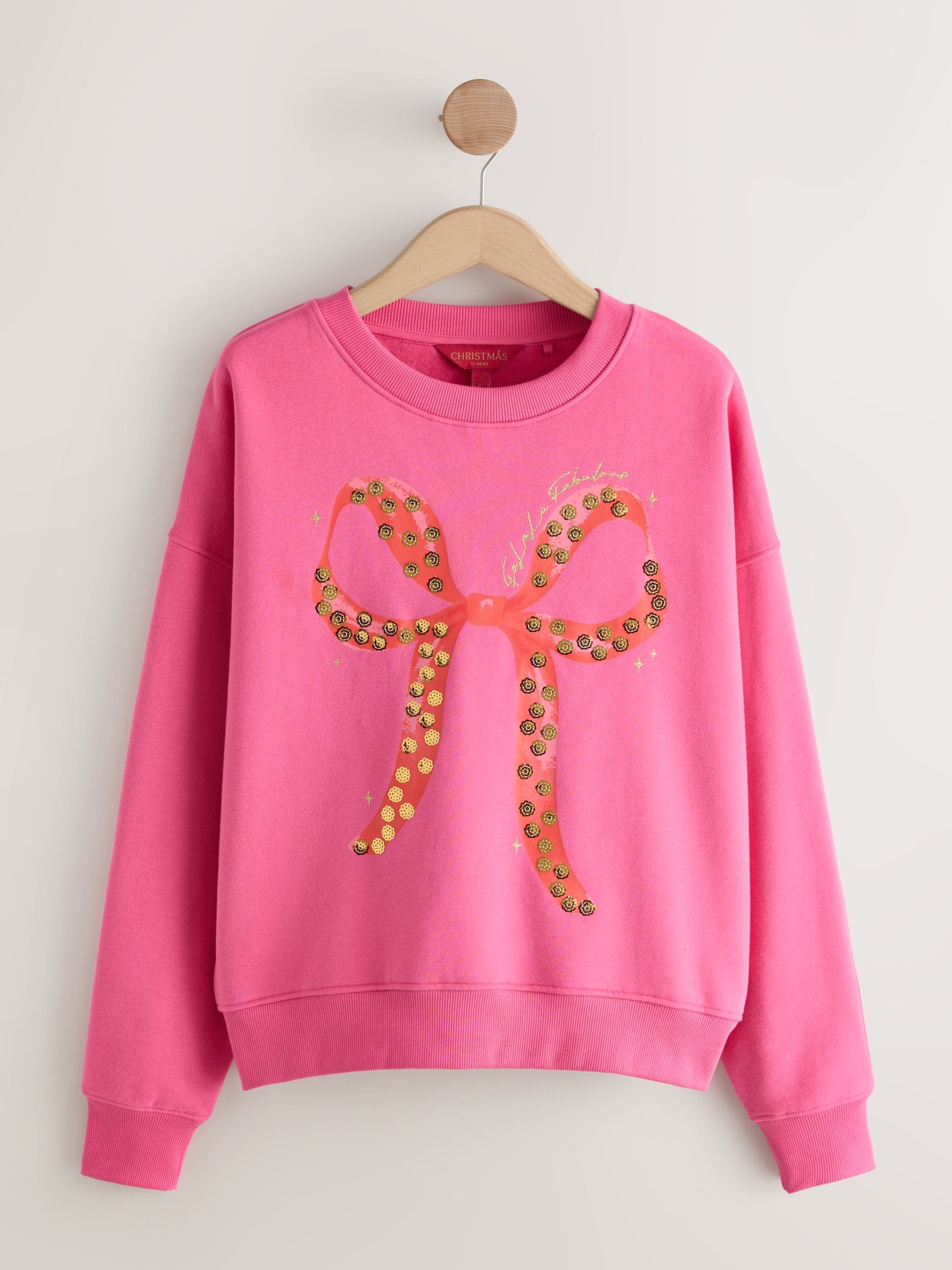 Bessenroze - Seasonal Christmas Bow Graphic With Sparkle Sequins Longsleeve Crewneck Sweatshirt