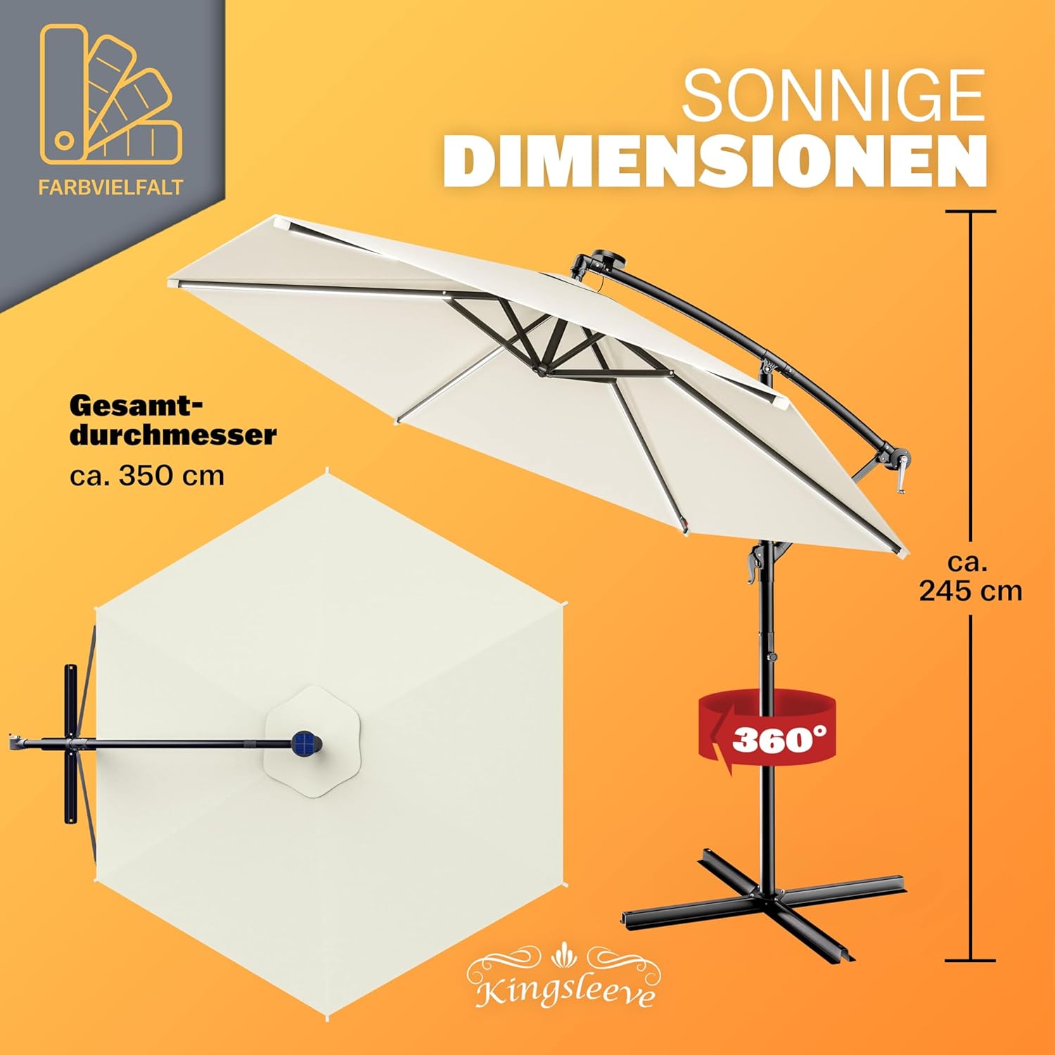 Kingsleeve® Ampelschirm LED Beleuchtung UV Schutz 80+ Solar Ständer Schutzhülle 350cm Groß Kurbel Balkon Terrasse Gartenschirm Sonnenschirm Creme