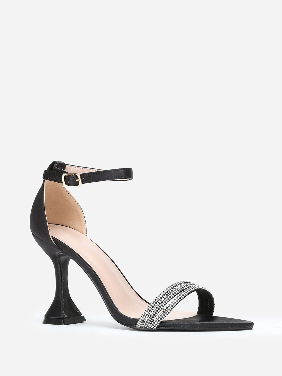 Sandales satinées à strass et talon bobine- Noir