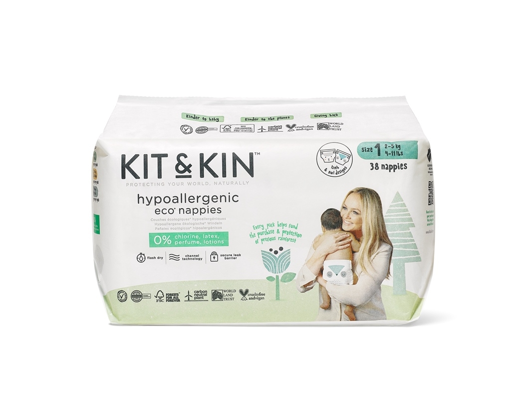 FRALDAS ECOLÓGICAS KIT & KIN HIPOALERGENICAS T1 2-5KG 38 UN