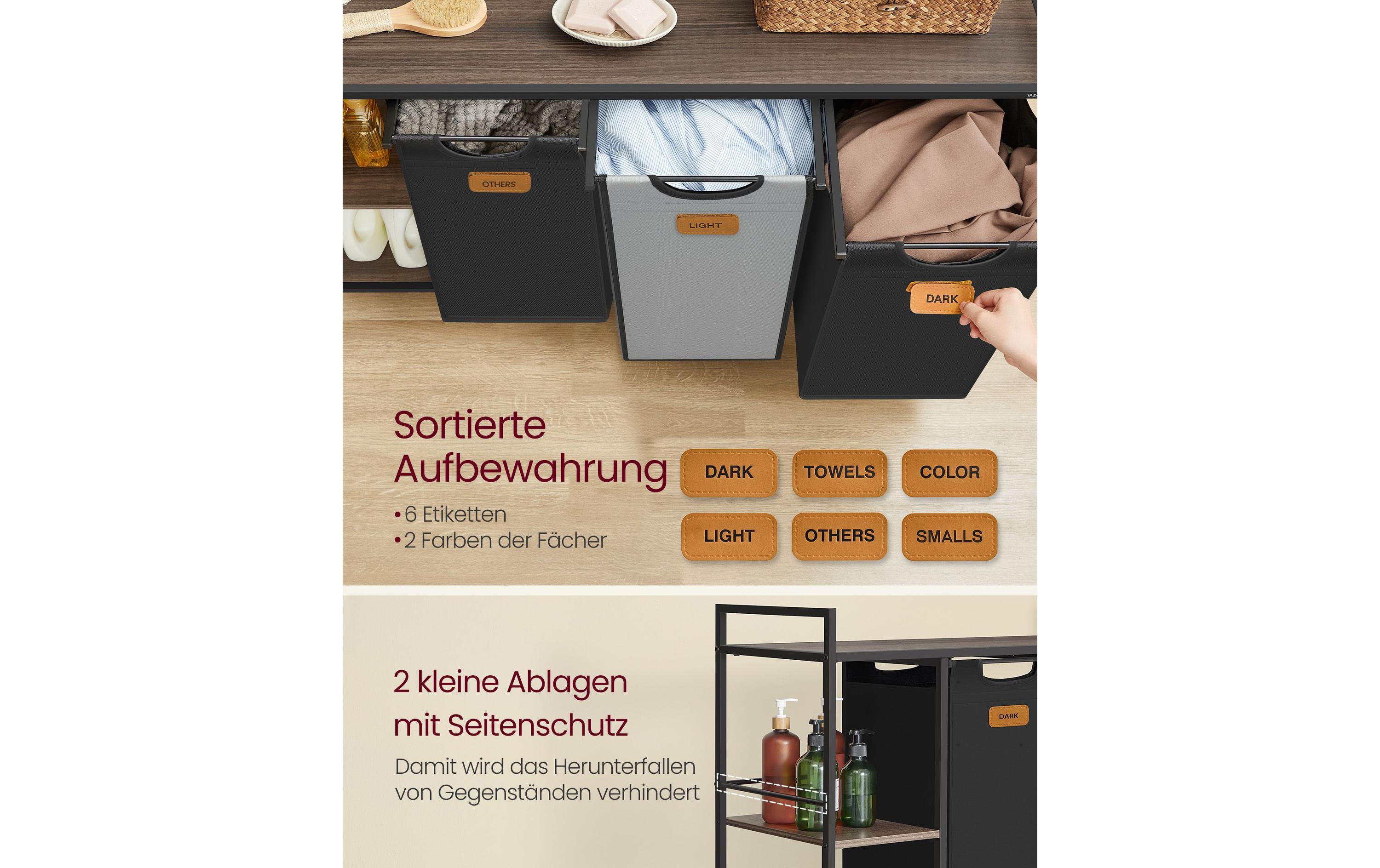 Wäschekorb 3 x 50 l, Schwarz / Grün<br>Wäschekorb mit drei Fächer, Rollen und abnehmbaren Taschen