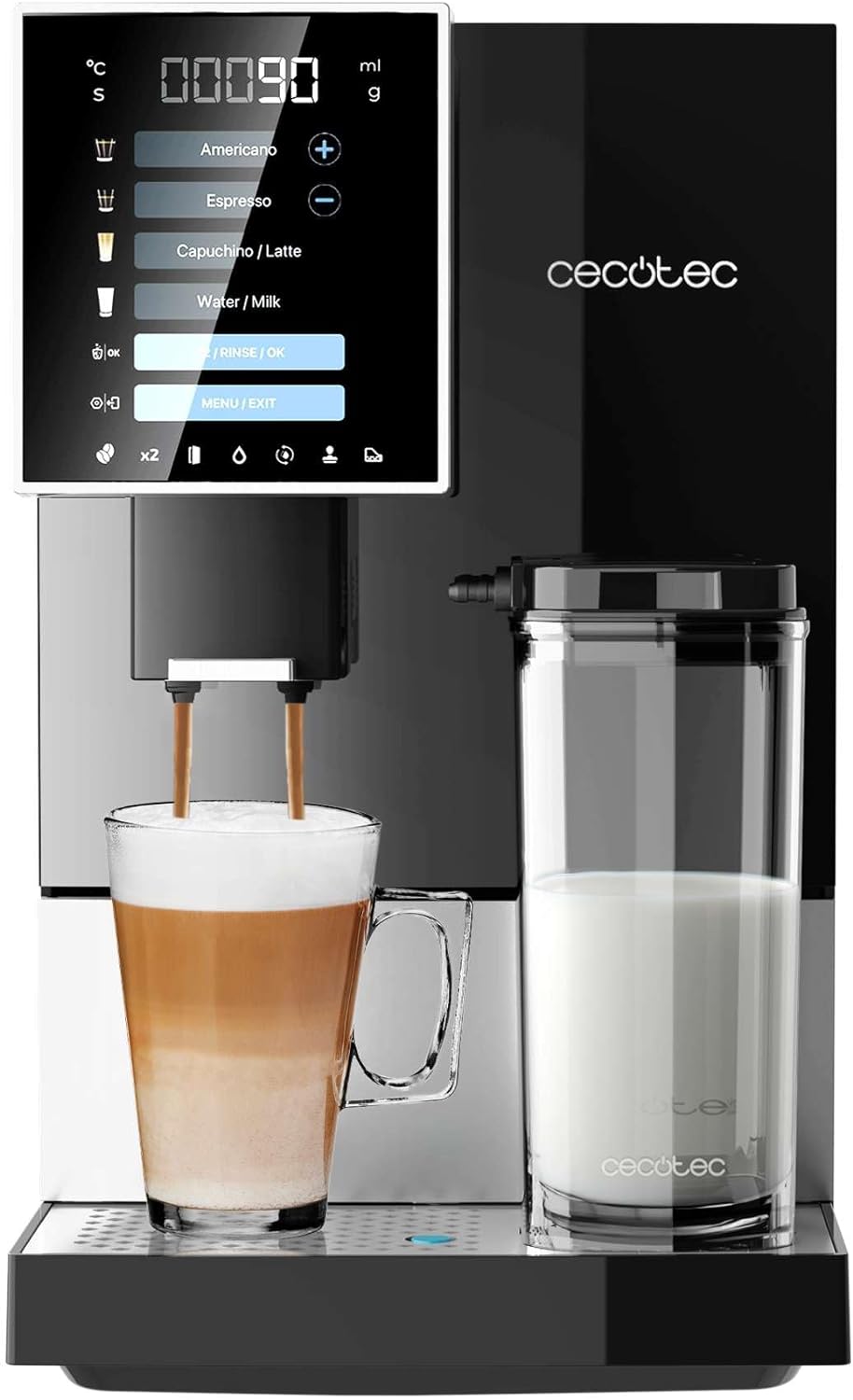 Cecotec Machine à Café Superautomatique Cremmaet Compactccino Black Silver, 19 bars, Réservoir à lait, Système Thermoblock, 5 niveaux de mouture, Réservoir à café 150g