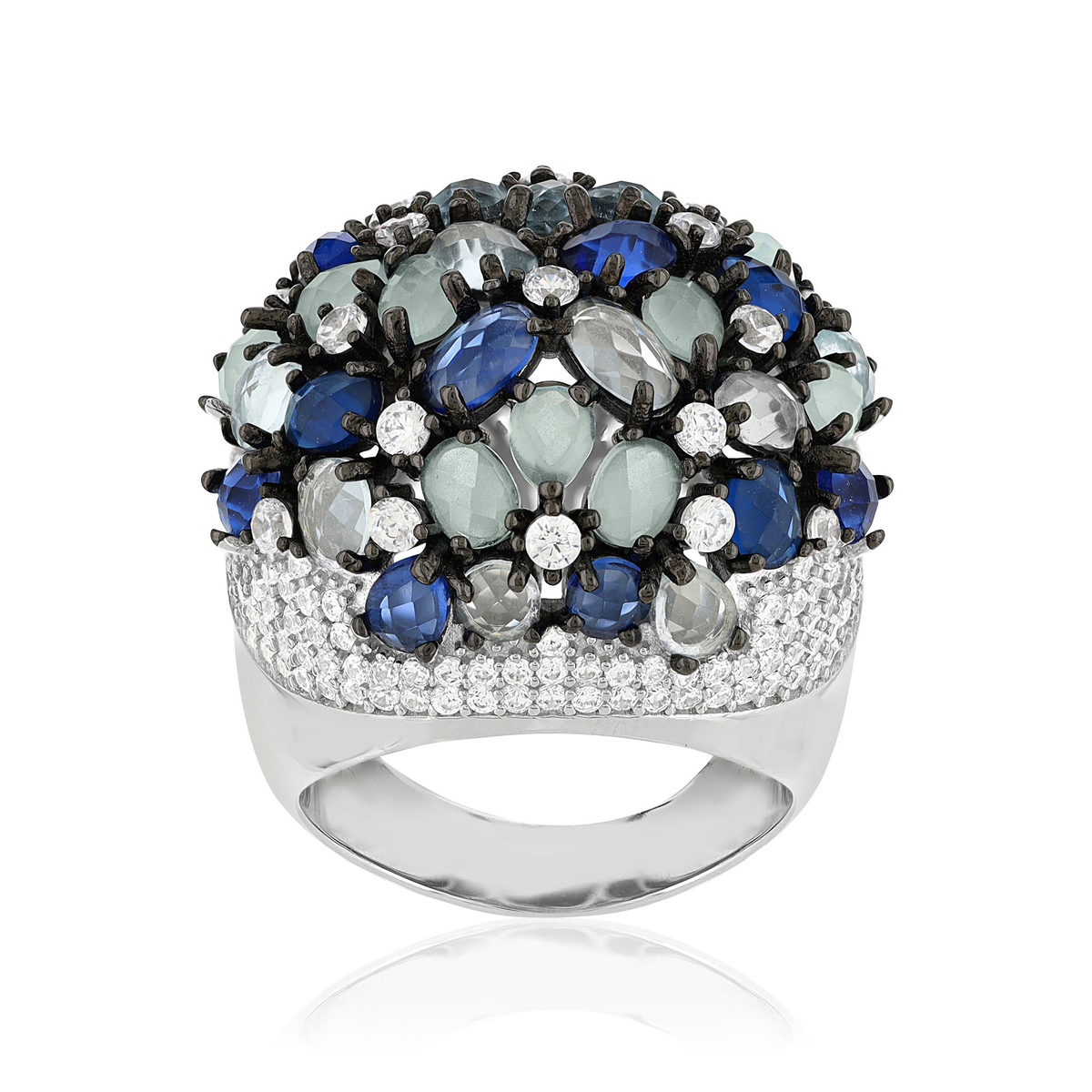 Bague argent 925 et ruthénium noir, pierres imitations bleues zirconias