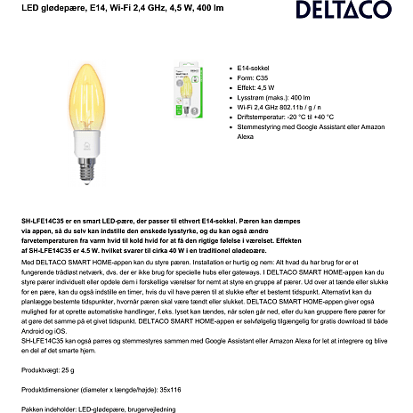 Deltaco Smart Filament Kerte LED-pære E27 - hvid