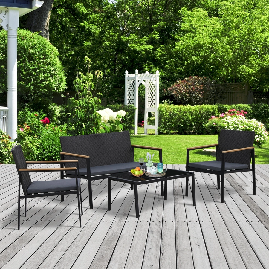Outsunny Polyrattan Sitzgruppe als 4-teiliges Set schwarz, grau