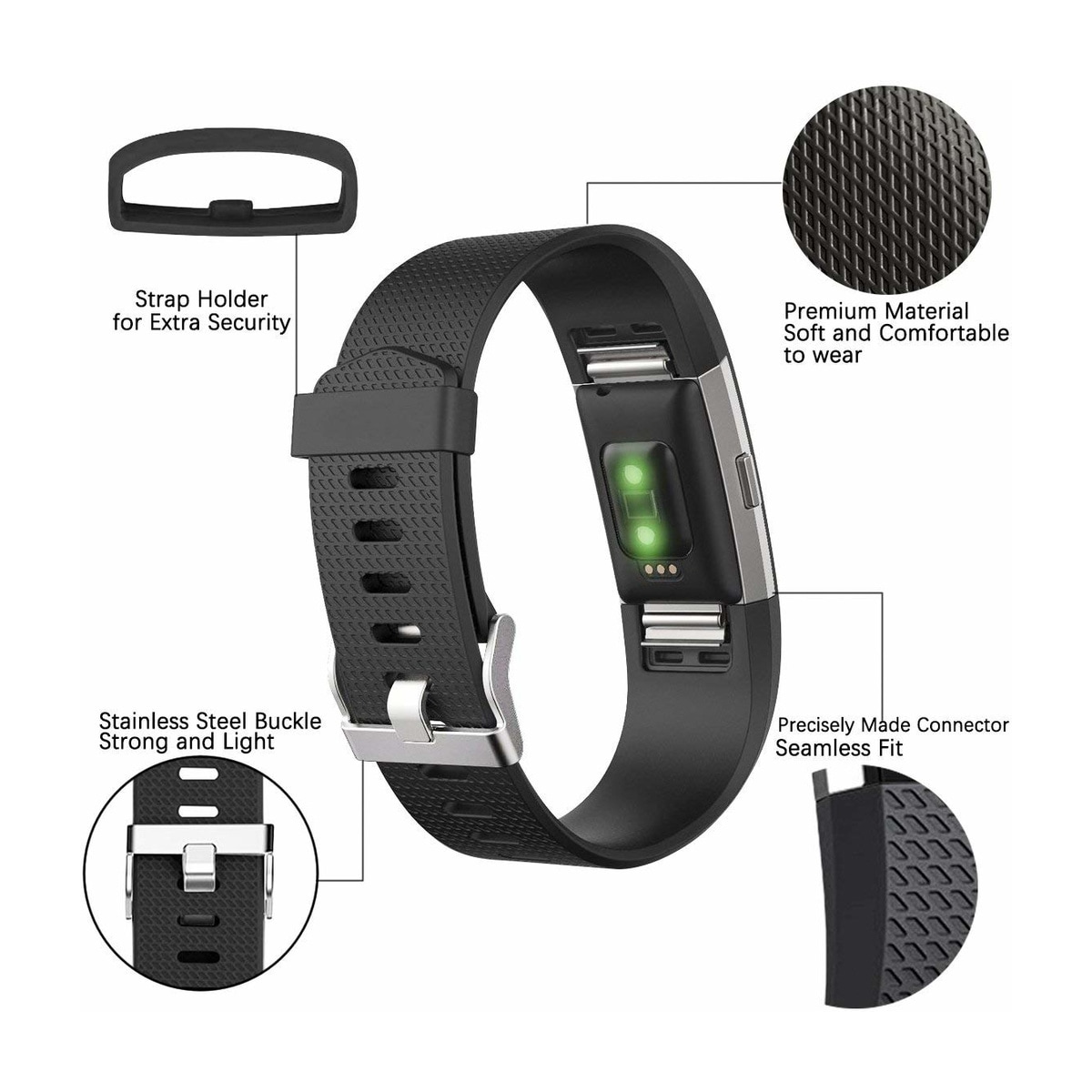 Klokkerem til Fitbit Charge 2, 3-pakning (S) Svart/grå/hvit