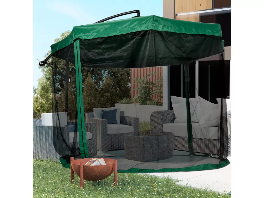 Parasol déporté octogonal inclinable pivotant manivelle moustiquaire pied acier Ø 2,95 x 2,42H m vert