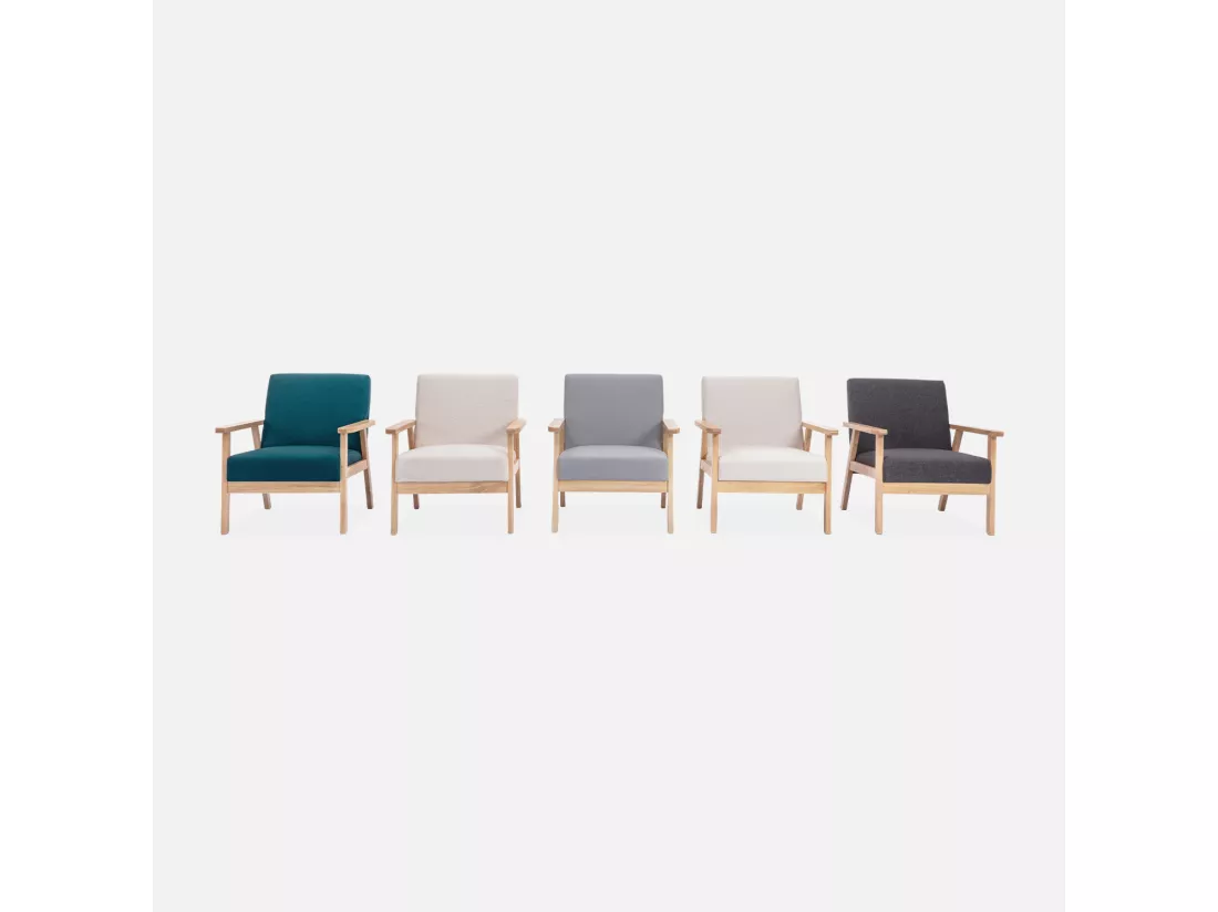 Banquette et fauteuil en bois et tissu crème. Isak. L 114 x l 69.5 x H 73cm