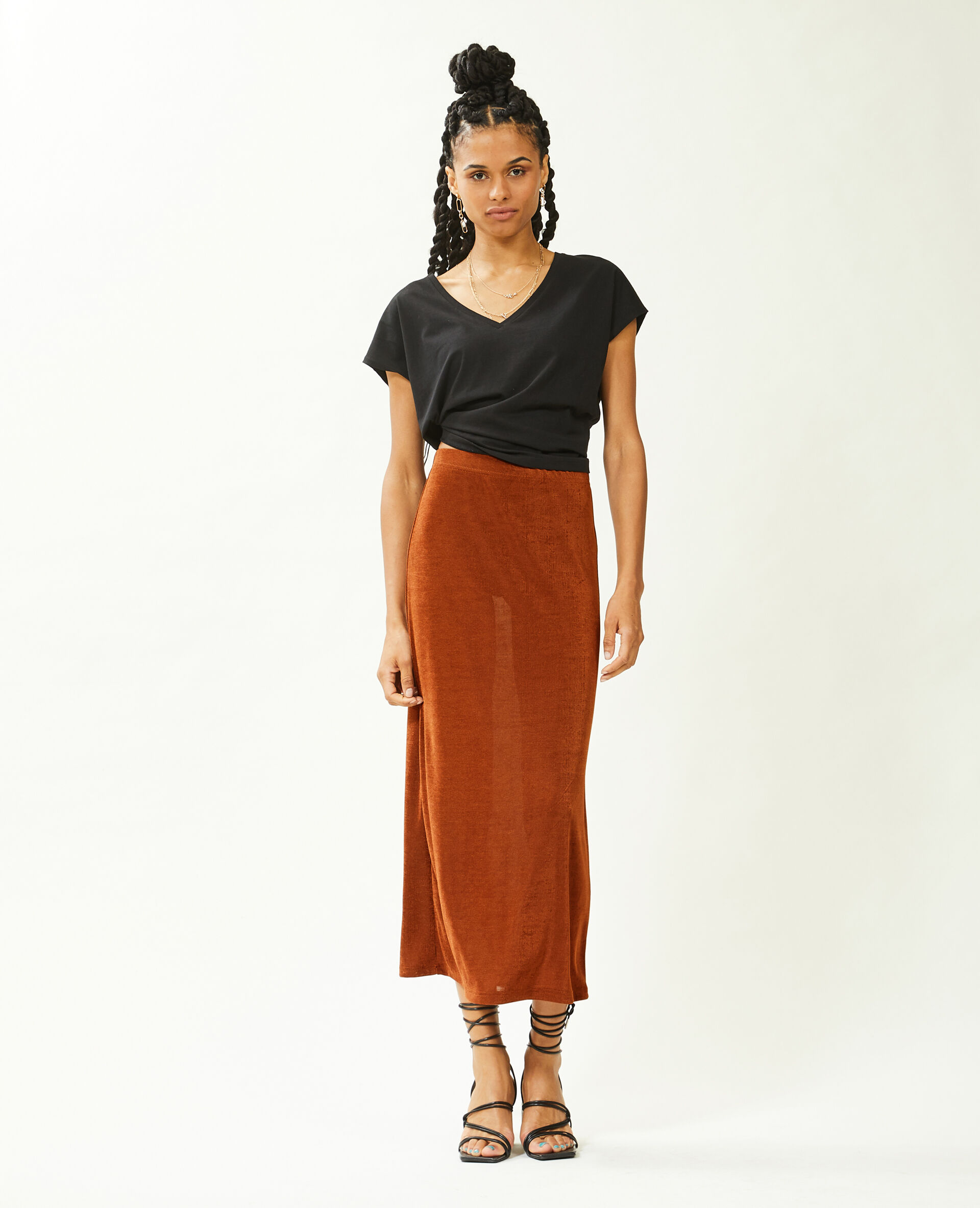 Jupe longue en maille fluide - Marron