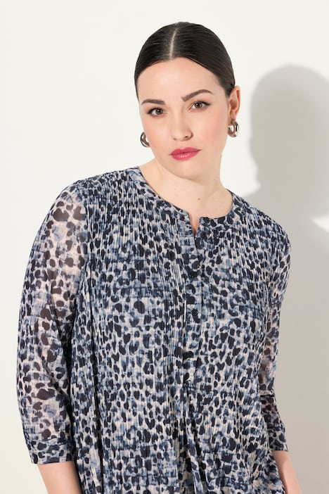 Mesh-Maxikleid, Leomuster, doppellagig, Rundhals, 3/4-Arm