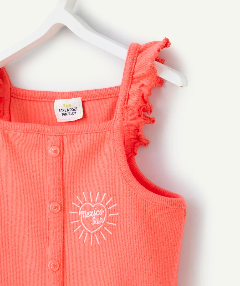 t-shirt bébé fille en coton bio sans manches couleur corail