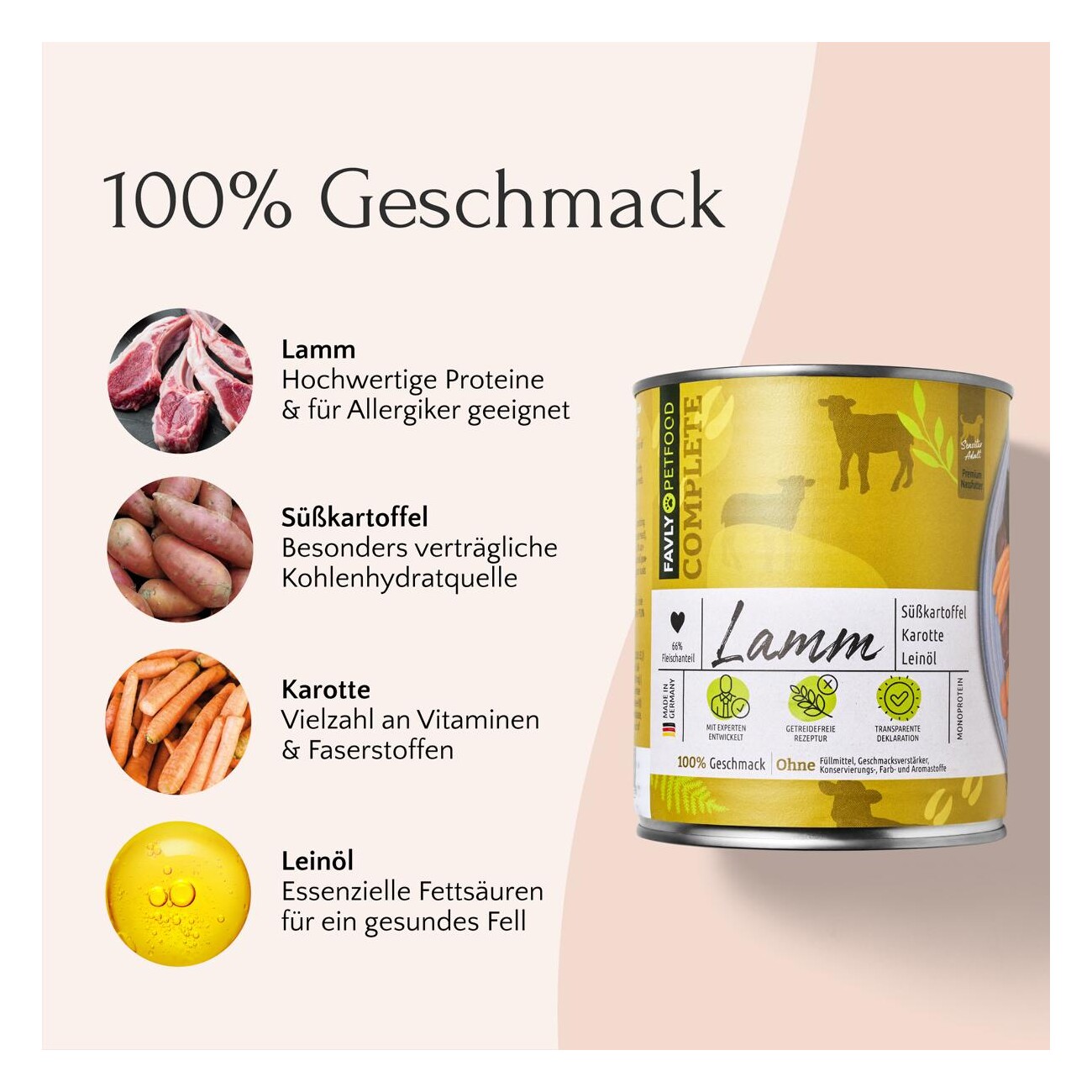 FAVLY Petfood Nassfutter Lamm mit Süßkartoffel, Karotte & Leinöl 6x800 g