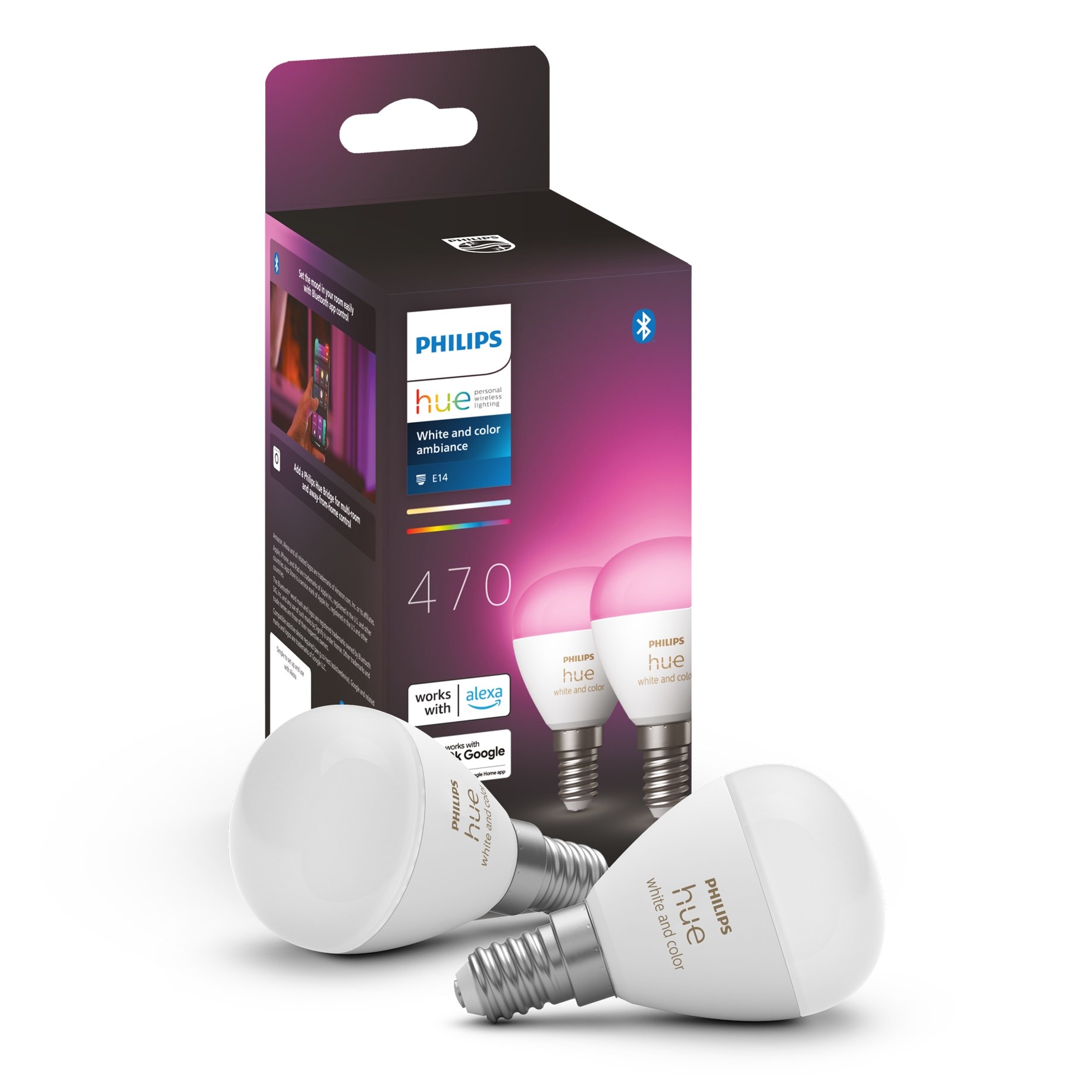 Philips Hue Luster Kuleformet LED-pære White and Color Ambiance E14 470 lm 2-pk.