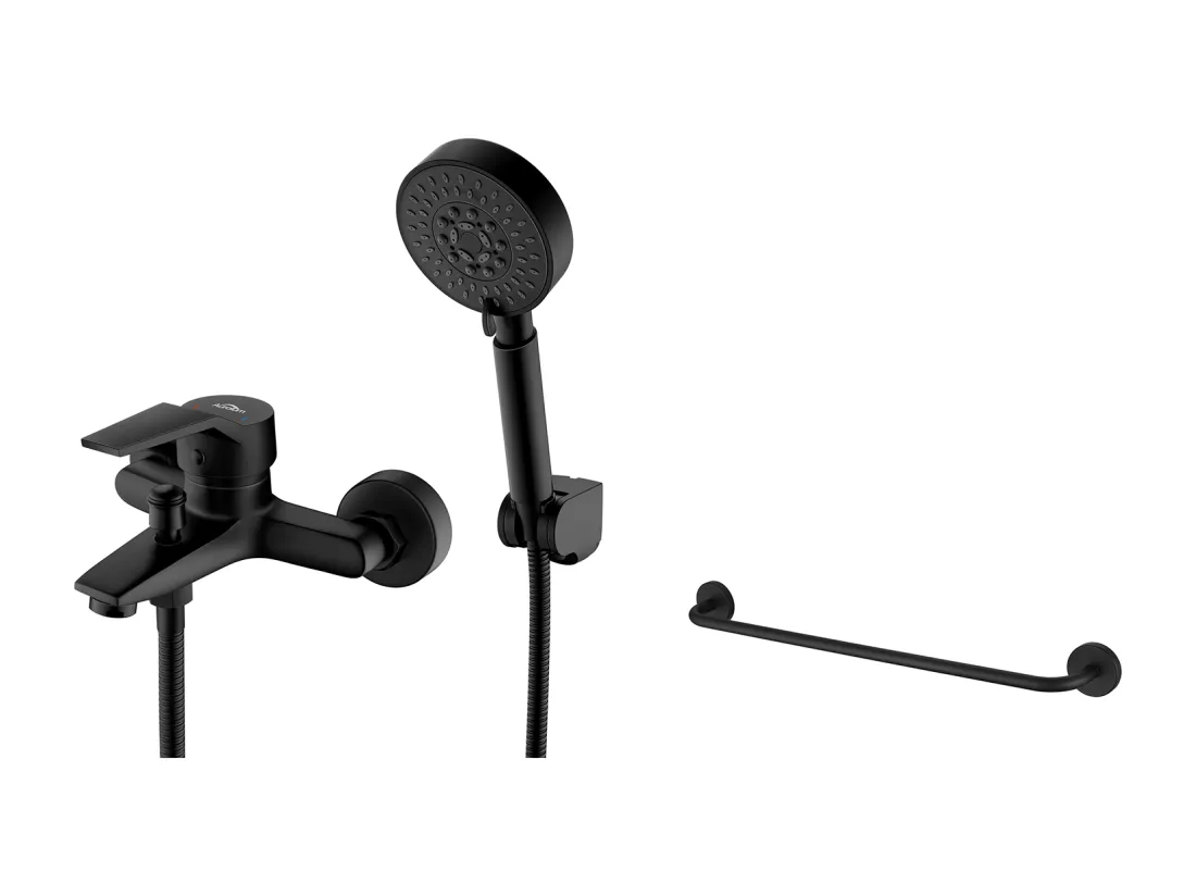 Mitigeur Baignoire avec Douchette Kit Mitigeur Robinet de Baignoire Cascade,Noir+Porte-Serviettes de Salle de Bain,Auto-adhésif/ Perçage,60CM,INOX