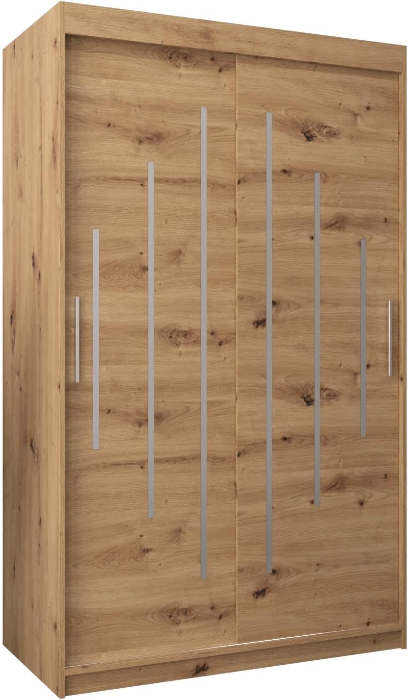 Kryspol Schwebetürenschrank York 120 cm Kleiderschrank mit Kleiderstange und Einlegeboden Schlafzimmer- Wohnzimmerschrank Schiebetüren Modern Design (Artisan Eiche)