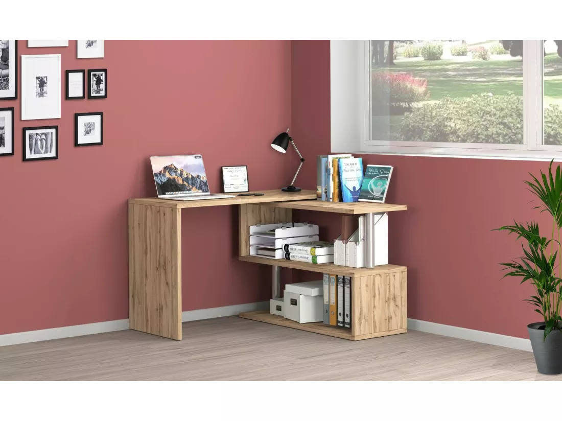 Bureau Candido, Bureau PC d'angle, Table de bureau polyvalente, Bureau gain de place multi-positions, 100% Made in Italy, 120x50h75 cm, Chêne