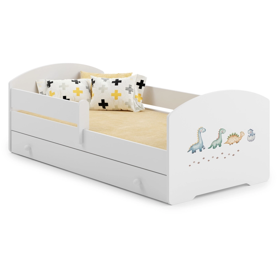 Kids Collective Kinderbett 70x140 | 80x160 cm mit Matratze und Schublade, Rausfallschutz Dinosaurier Motiv