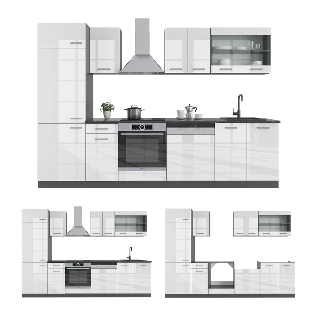 VICCO KÜCHE R-LINE 300 CM KÜCHENZEILE KÜCHENBLOCK EINBAUKÜCHE ANTHRAZIT WEISS HOCHGLANZ
